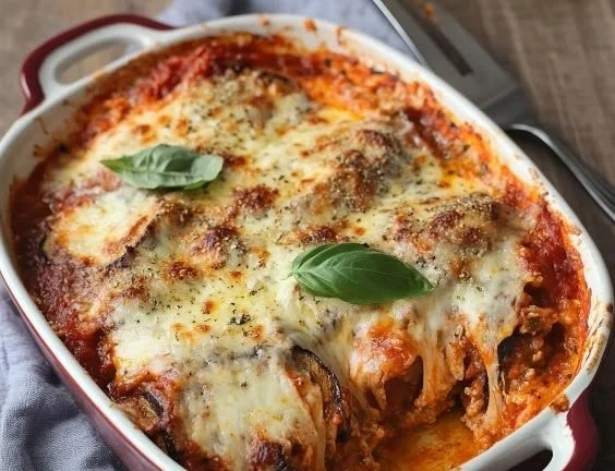 Delicious Modern Eggplant Parmesan served with fresh herbs and cheese