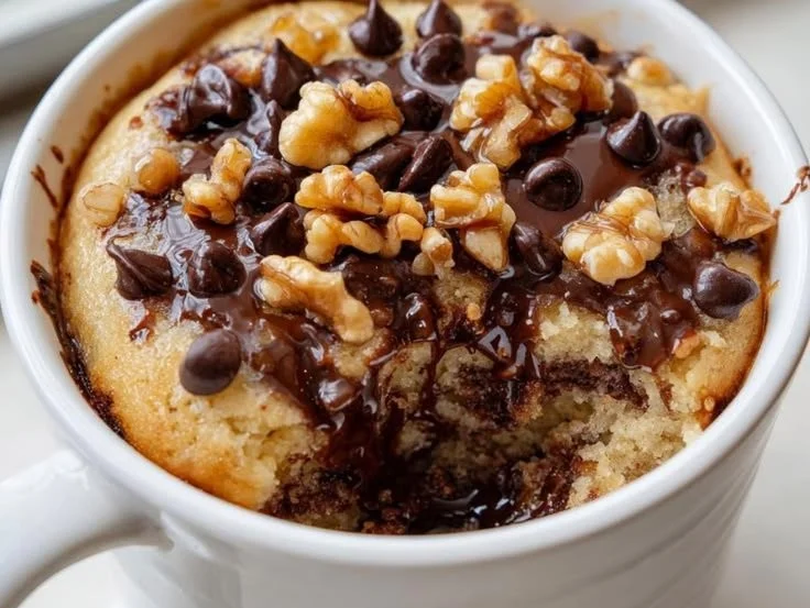Moist cottage cheese mug cake with chunky monkey flavor served in a mug