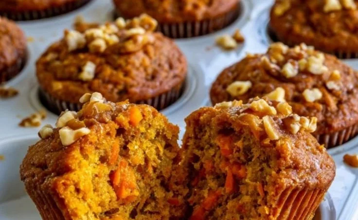 Moist flourless carrot cake muffins topped with cream cheese frosting