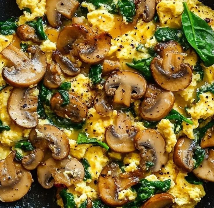 Mushroom and spinach scrambled eggs served on a plate