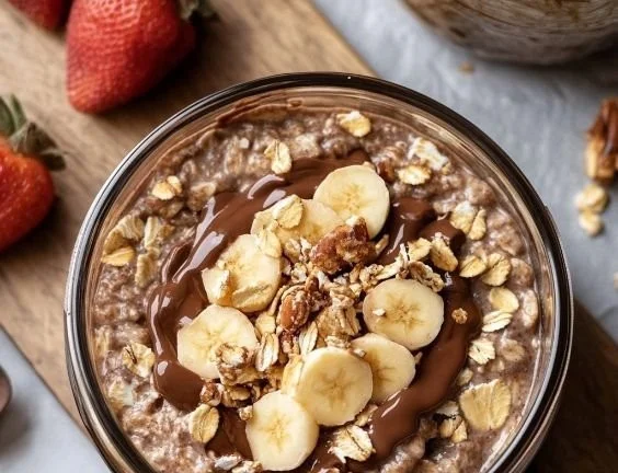 Delicious Nutella Overnight Oats in a jar topped with chocolate and nuts