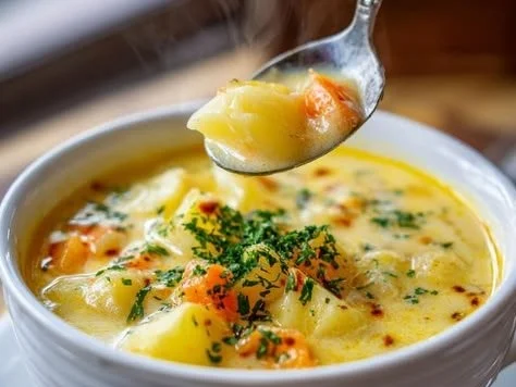 Bowl of creamy old-fashioned potato soup garnished with herbs and croutons.