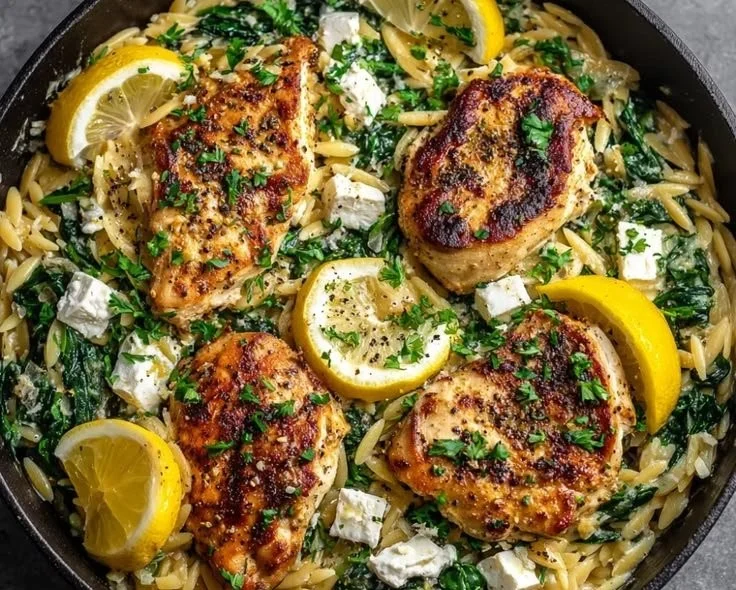 One-Pan Lemon Feta Chicken served with Orzo on a plate