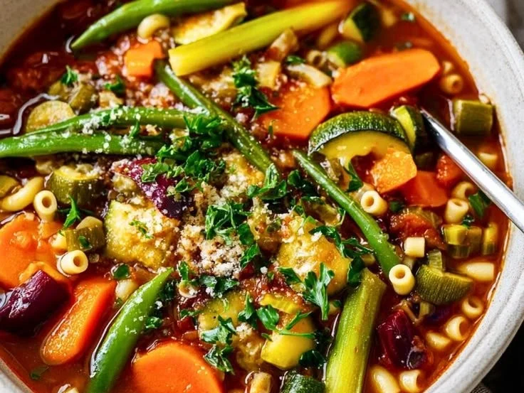 Delicious one-pot vegan minestrone soup with fresh vegetables