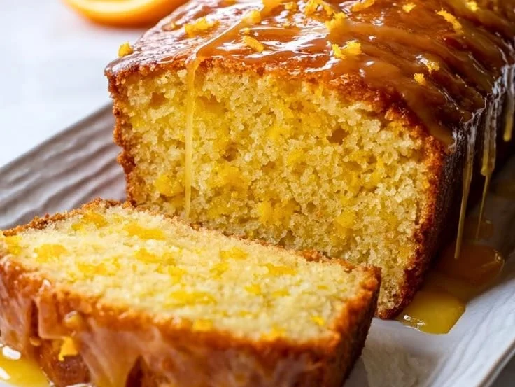 Deliciously baked Orange Loaf Cake with a citrus glaze on top.