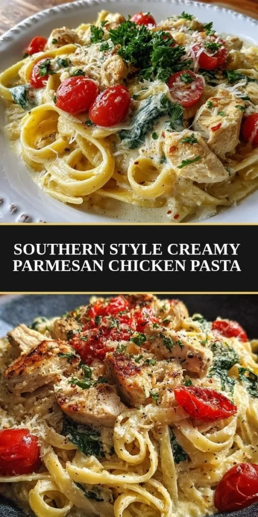 Plate of creamy Parmesan Chicken Pasta topped with fresh parsley