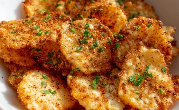 Bowl of homemade Parmesan Cottage Cheese Snack Chips