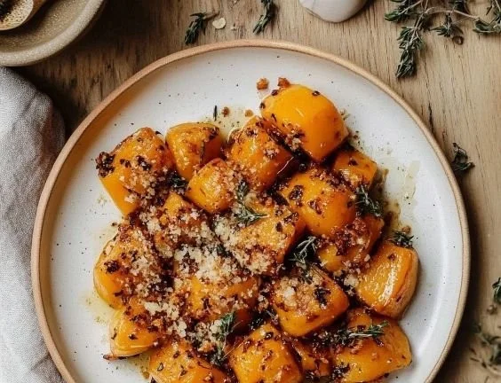 Bowl of Parmesan roasted butternut squash garnished with fresh herbs