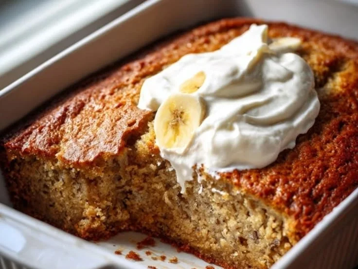 Delicious slice of perfect banana cake with frosting on a plate