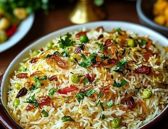Persian jeweled rice garnished with nuts and dried fruits in a serving dish