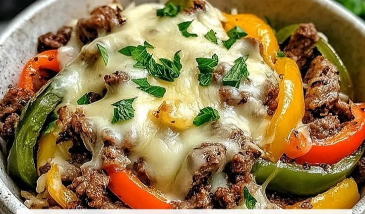 Delicious Philly-style cheesesteak bowls recipe with beef and peppers