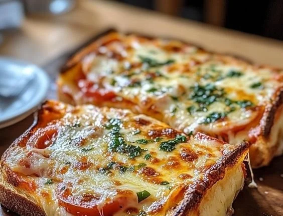 Delicious Pizza Grilled Cheese sandwich with melted cheese and pizza toppings