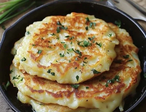 Potato and onion cheese pancakes served on a plate with garnishes.