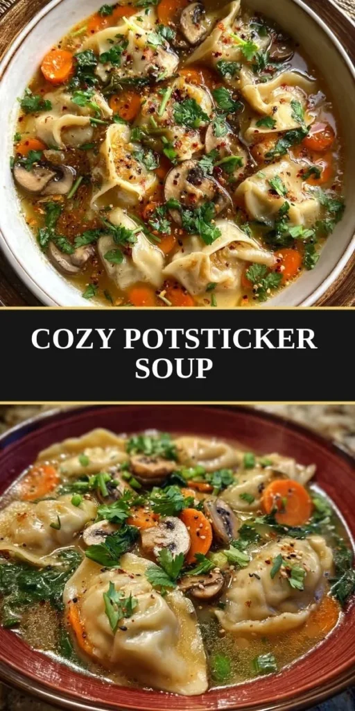 Bowl of savory potsticker soup with dumplings and vegetables