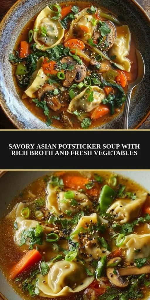 Bowl of Potsticker Soup with rich broth and fresh vegetables