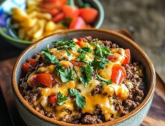 Protein-packed cheeseburger bowls topped with fresh vegetables and cheese.
