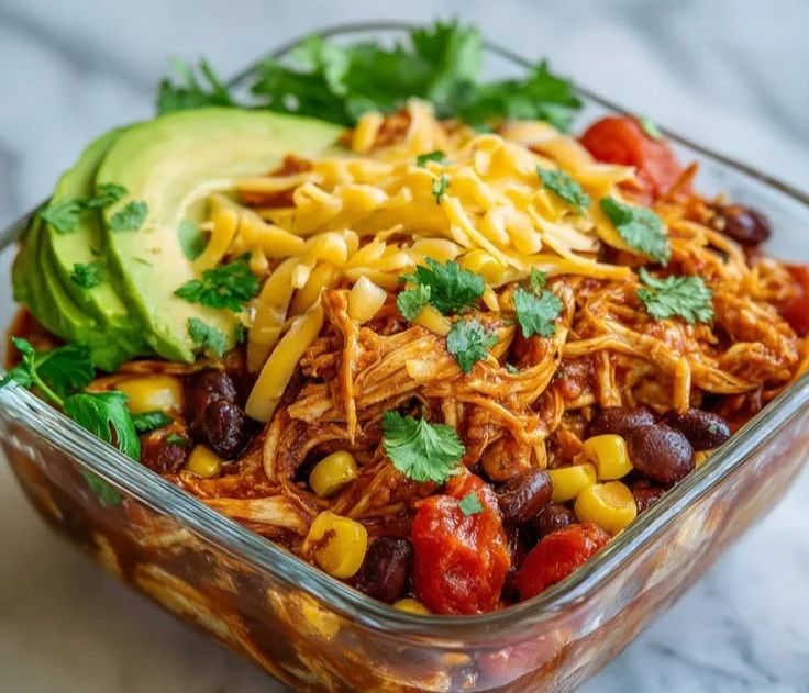 Protein-packed chicken enchilada bowl topped with cheese and fresh ingredients