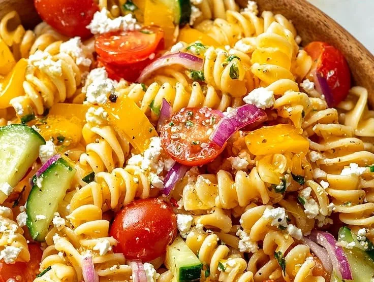 Protein-packed Greek pasta salad with colorful veggies and feta cheese