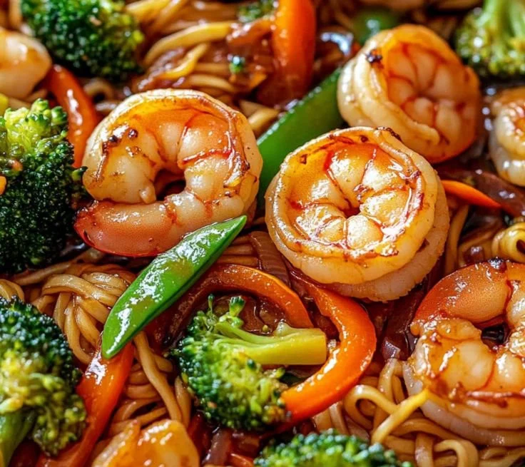 Colorful one-pan shrimp stir-fry with vegetables and noodles