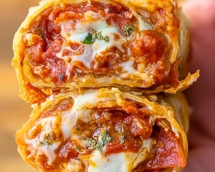 Protein-packed pepperoni pizza rolls fresh out of the oven, golden and crispy.