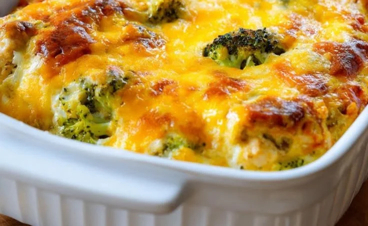 Delicious ground chicken bake with broccoli and cottage cheese in a casserole