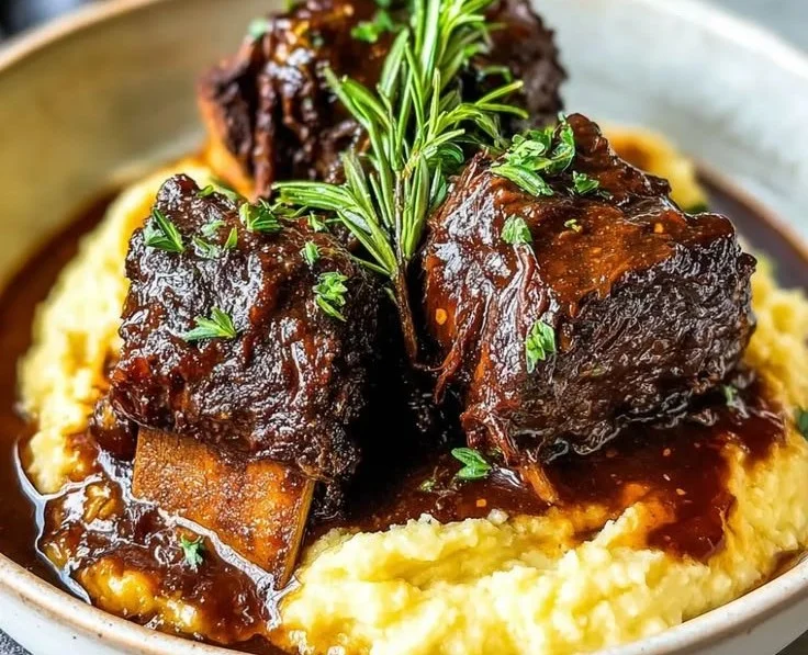 Red wine braised short ribs in a rustic serving dish, garnished with herbs.