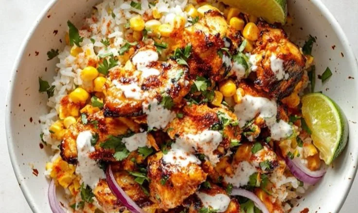 Delicious rice bowl with street corn and grilled chicken