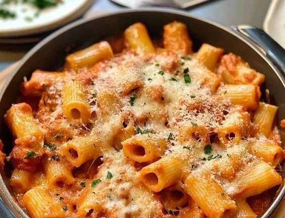 Delicious rigatoni pasta in creamy tomato sauce garnished with herbs