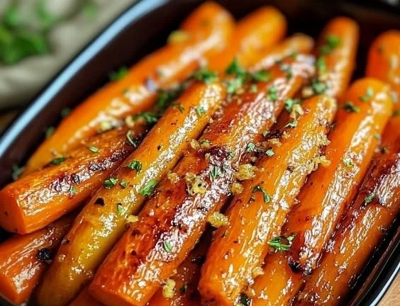 Plate of roasted carrots with maple-Dijon glaze, garnished and ready to serve.