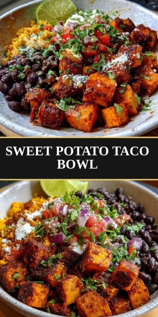 Roasted sweet potato taco bowls topped with fresh veggies and spices