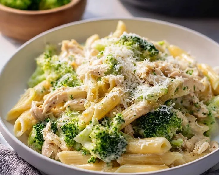 Rotisserie chicken pasta with broccoli in a creamy sauce
