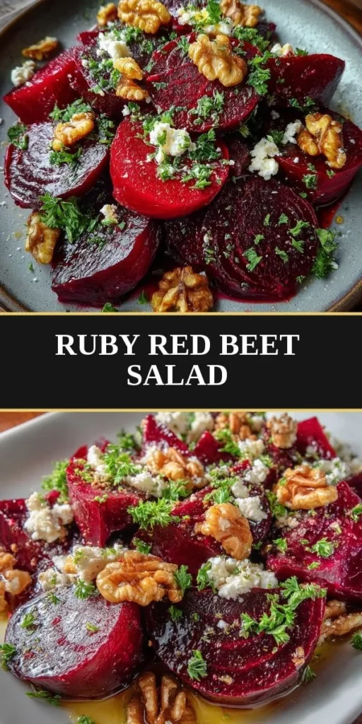 Fresh ruby red beet salad with greens and vinaigrette dressing