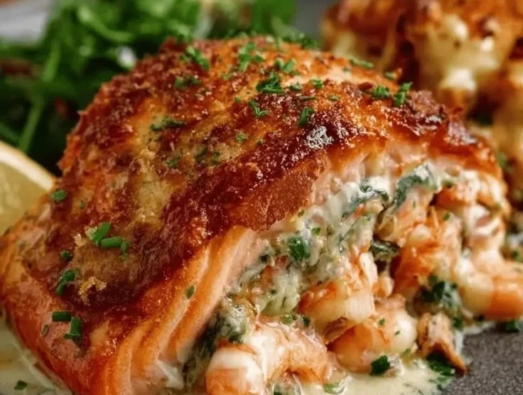 Salmon stuffed with crab and shrimp on a plate garnish with herbs
