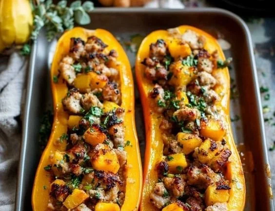 Sausage stuffed butternut squash baked dish with herbs and spices