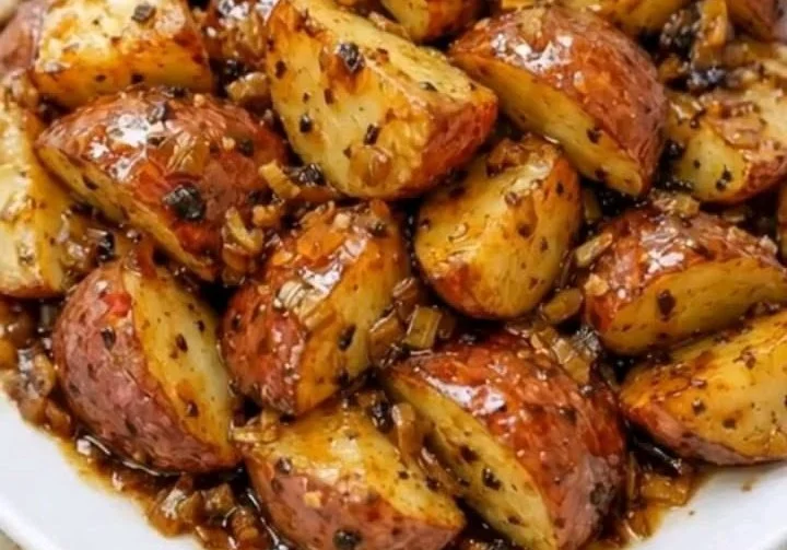Plate of savory garlic roasted potatoes garnished with herbs
