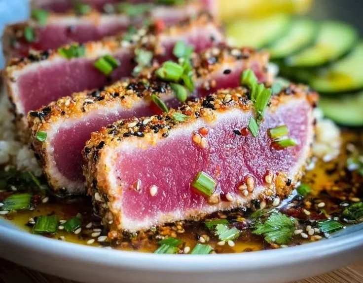 Deliciously seared Ahi Tuna steak served with fresh garnishes.