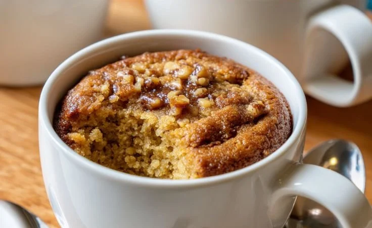 Delicious banana bread mug cake topped with nuts and banana slices