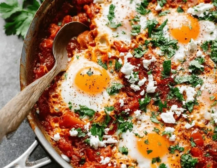 Delicious traditional shakshuka with poached eggs and spices.