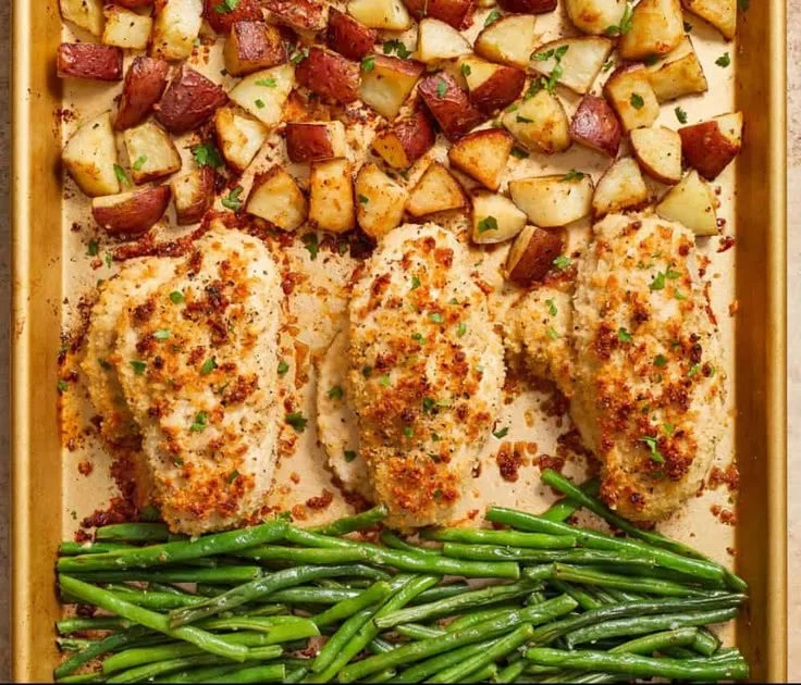 Sheet Pan Parmesan-Crusted Chicken Dinner with vegetables