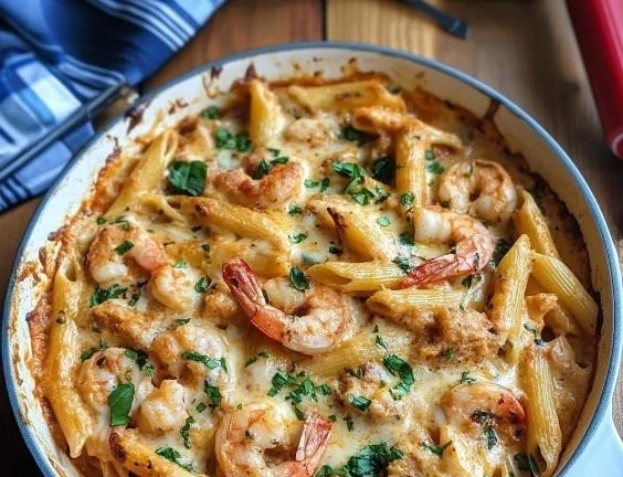 A plate of shrimp pasta garnished with parsley and lemon.