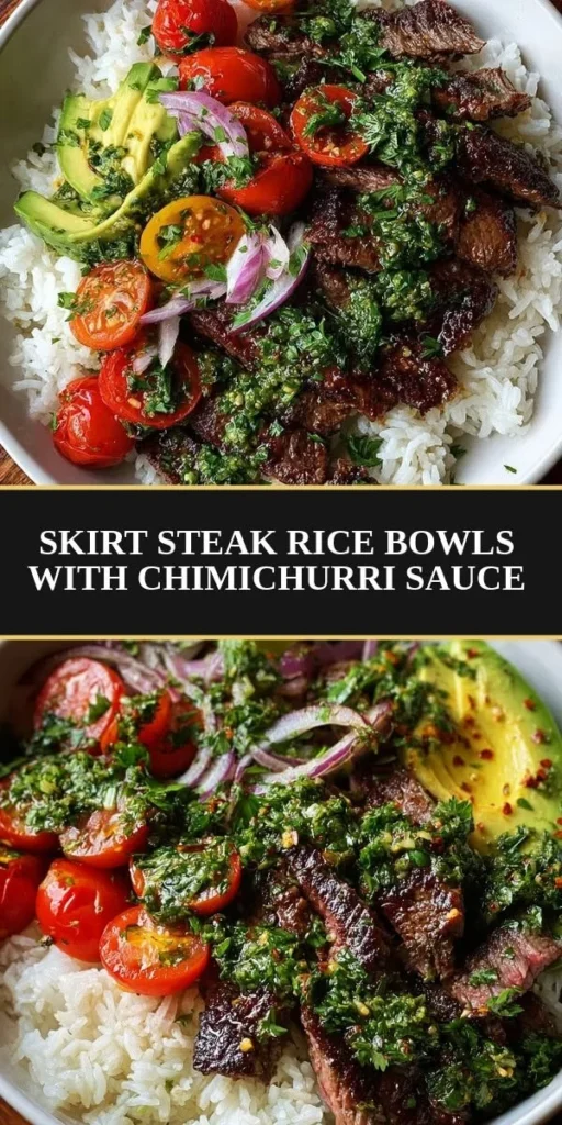Skirt steak rice bowl topped with chimichurri sauce and fresh vegetables.