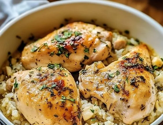 Slow Cooker Lemon-Herb Chicken served with fluffy rice