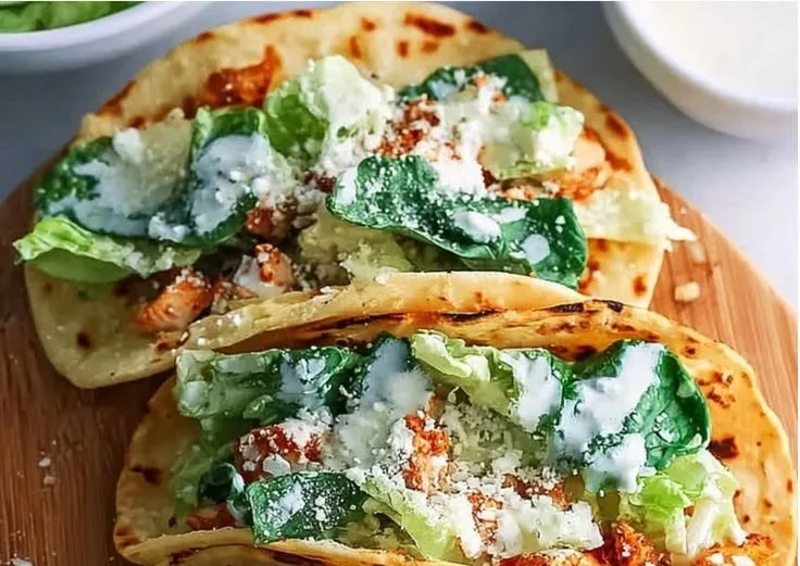 Smash Chicken Caesar Tacos served on a plate with dressing and toppings