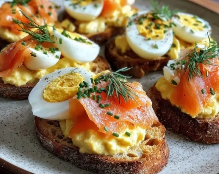 Smoked salmon crostini topped with egg-cheddar mousse on a serving platter.