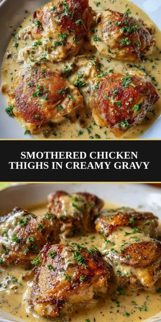 Smothered chicken thighs in creamy gravy served on a plate