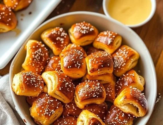 Freshly baked soft pretzel bites with melted butter on top.