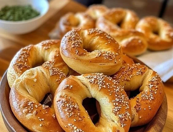 Freshly baked soft pretzels with a golden brown crust and salt