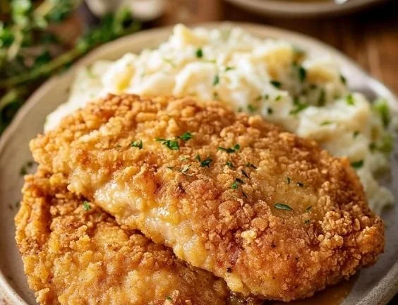 Southern-style fried chicken breast, crispy and juicy, served on a plate.