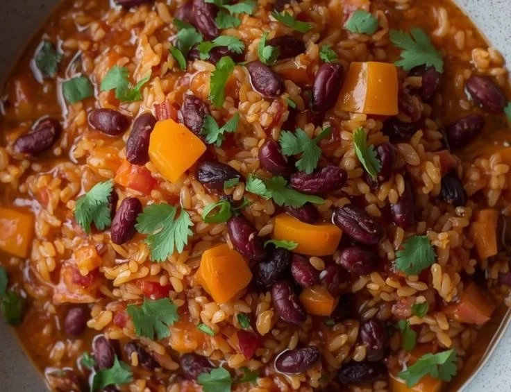 Delicious Spanish-style rice and beans dish served in a vibrant bowl.