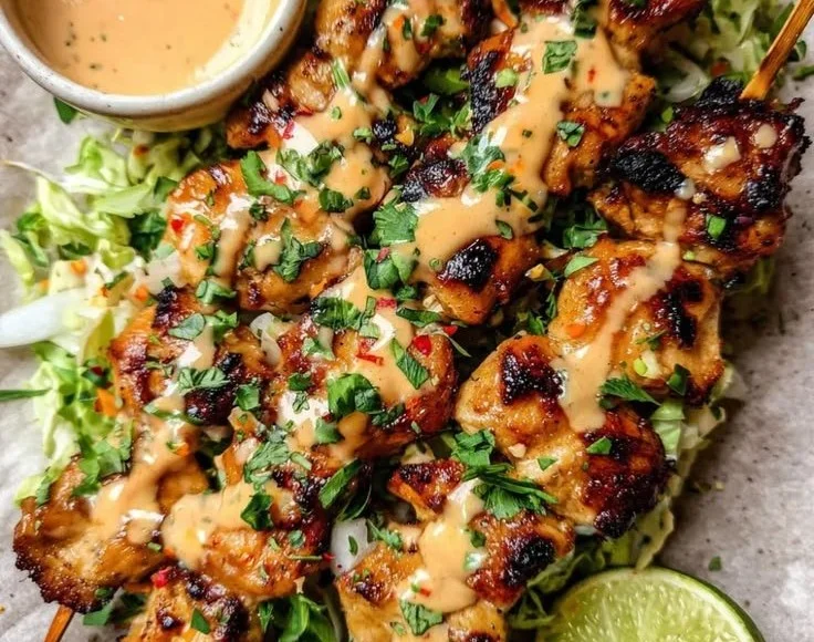 Spicy Bang Bang Chicken Kebabs served with dipping sauce and vegetables.